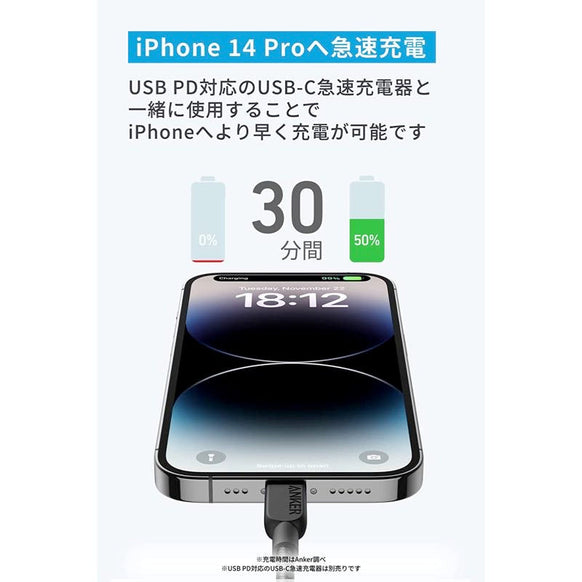 Anker 310 高耐久ナイロン USB-C & ライトニング ケーブル 3.0m 2本セット