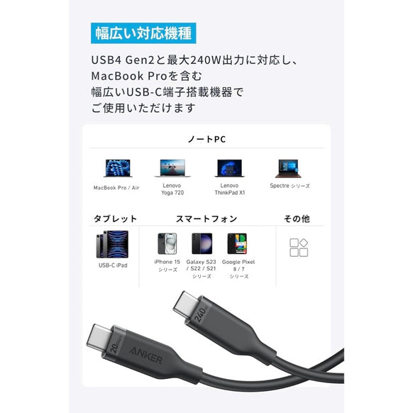 Anker USB-C ＆ USB-C ケーブル (240W, 20Gbps, エコフレンドリー) 0.9m