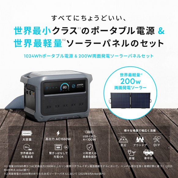 Anker Solix C1000 Gen 2 Portable Power Station ダークグレー with Anker Solix PS200 Dual Portable Solar Panel