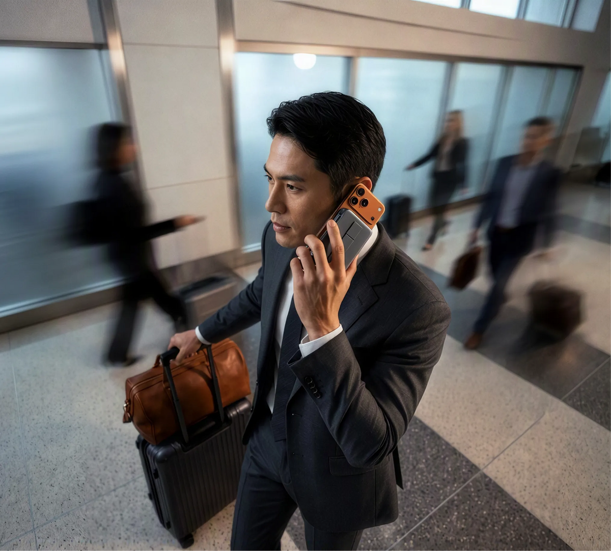 移動中に通話しながら充電する様子