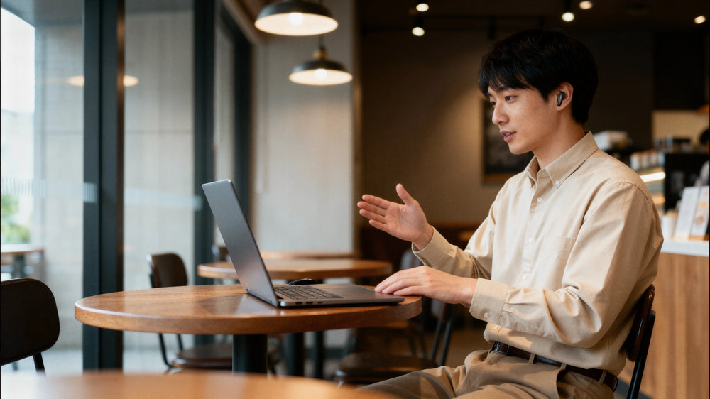 カフェでノートPCを使いながらイヤホンを装着する男性