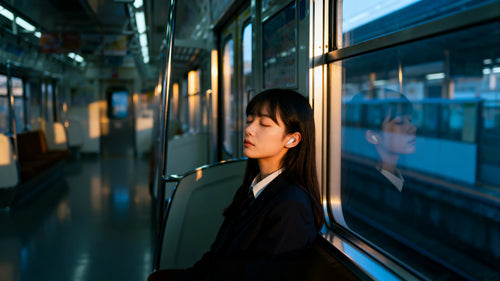 電車内でイヤホンを装着する女性