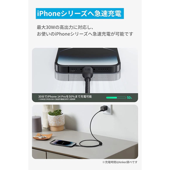 Anker 541 エコフレンドリーナイロン USB-C & ライトニング ケーブル 0.9m